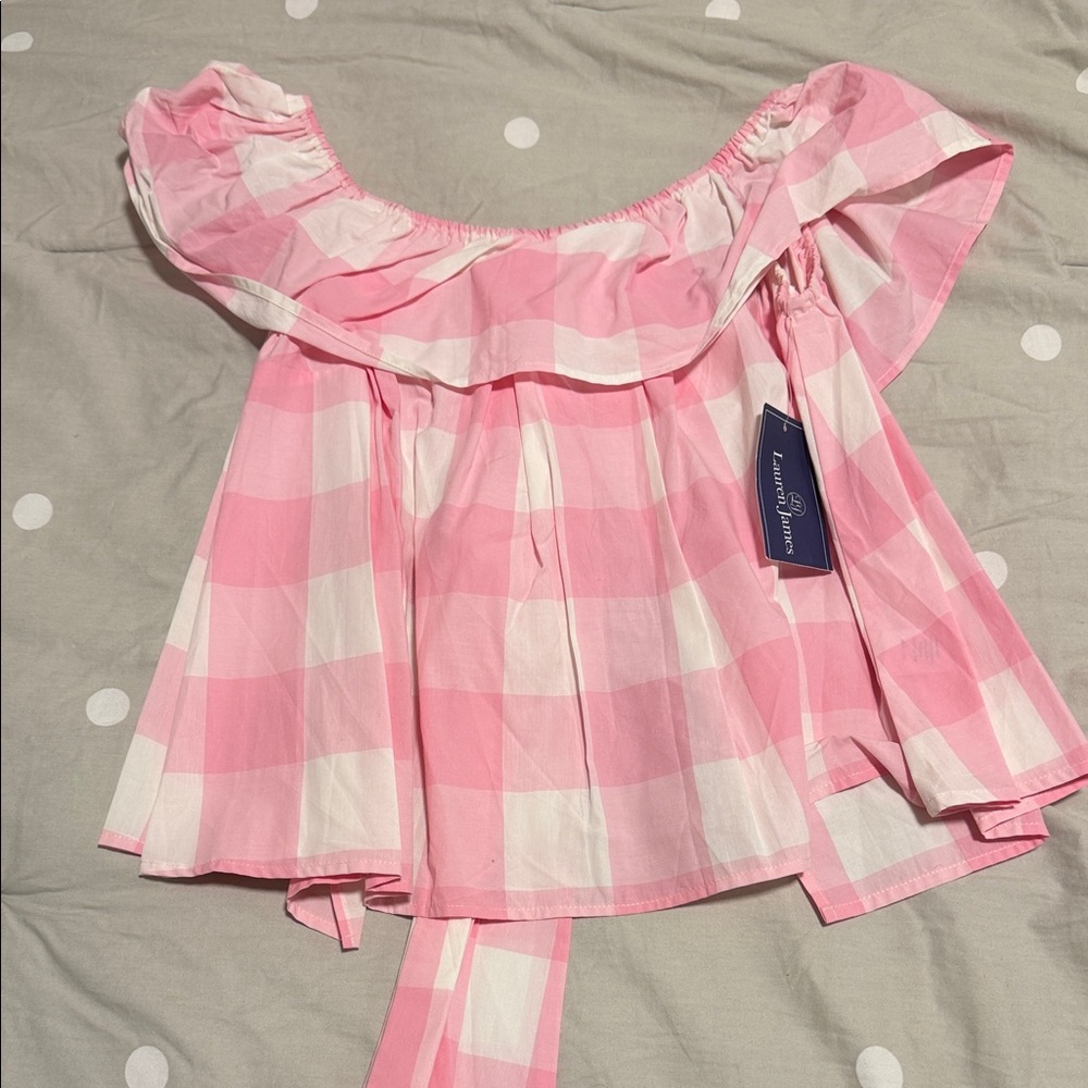 NWT Pink Gingham Off-Shoulder Open Back Top